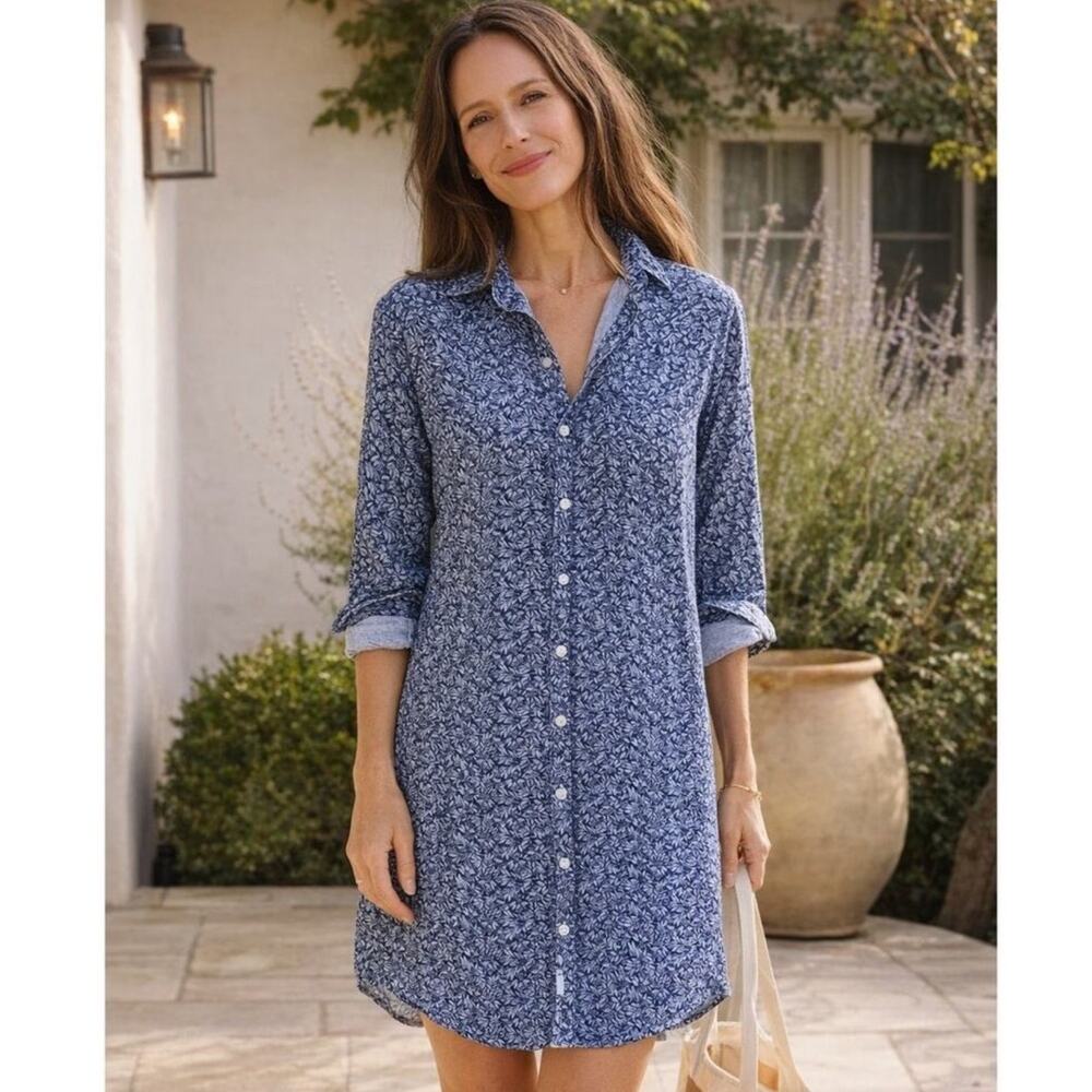 Frank & Eileen‎ Mary Classic Shirtdress Italian Linen Blue Floral Size XS